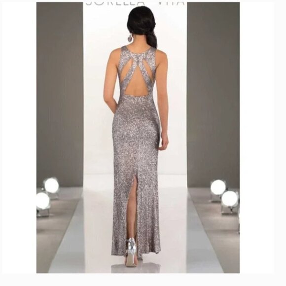 Sorella Vita Prom Bridesmaid Black Tie Ivory Gold Sequin Gown Leg Split Size 18 - Picture 8 of 8